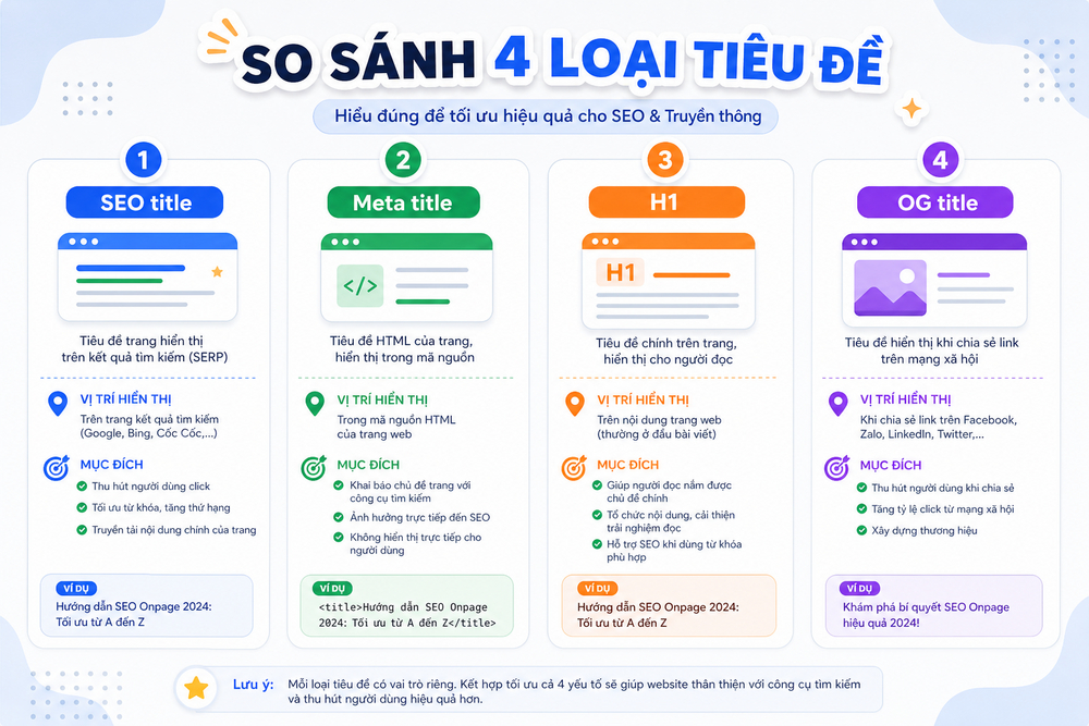 Bảng so sánh sự khác biệt giữa SEO title, meta title, H1 và OG title