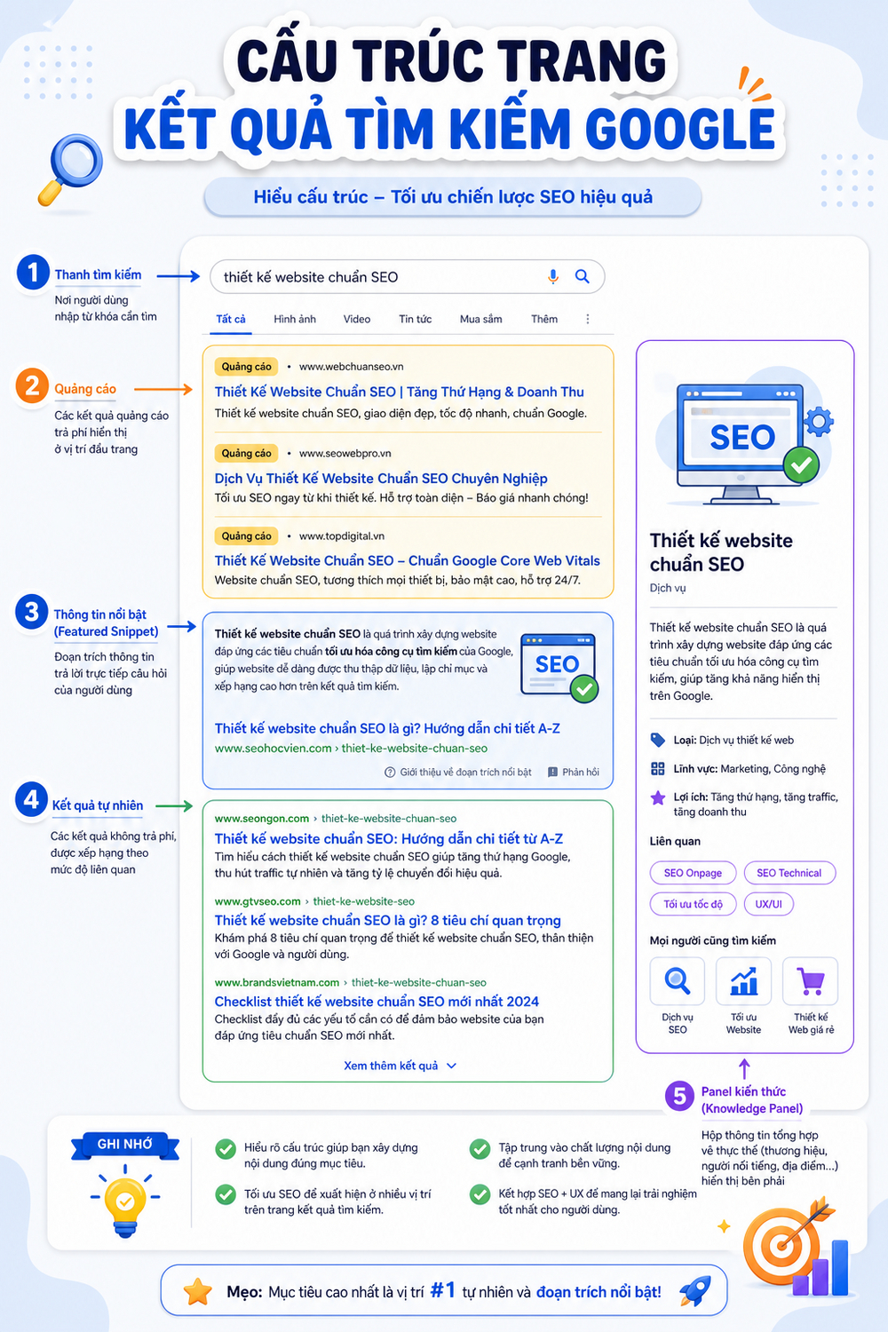 Minh họa cấu trúc trang kết quả tìm kiếm Google SERP với các vị trí quảng cáo, snippet nổi bật và kết quả tự nhiên