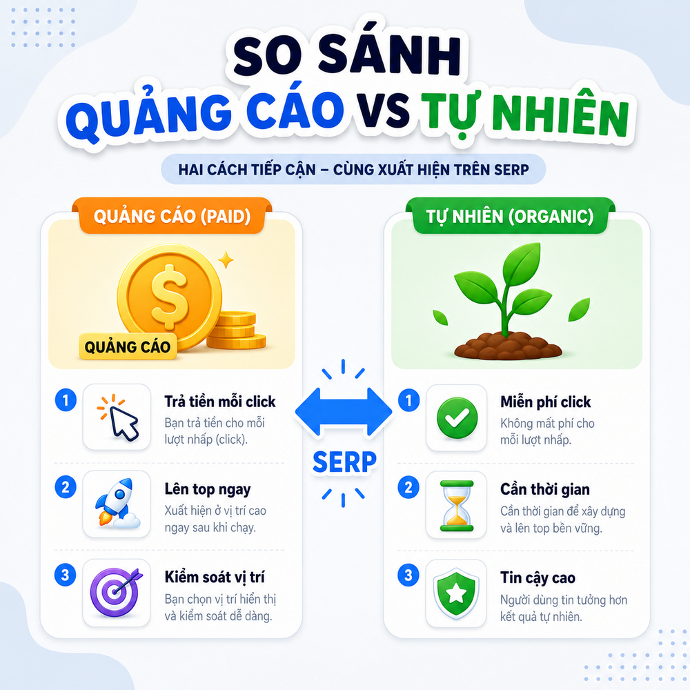 So sánh trực quan giữa kết quả quảng cáo Google Ads và kết quả tự nhiên trên SERP