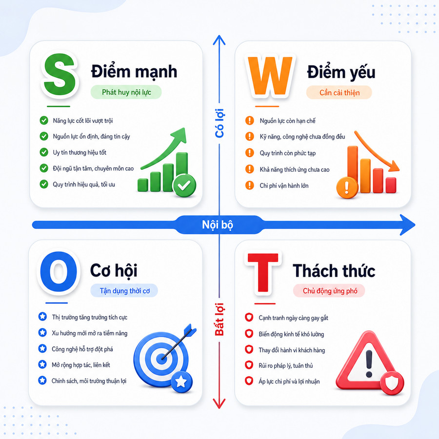 Ma trận SWOT với 4 ô phân tích điểm mạnh, điểm yếu, cơ hội, thách thức