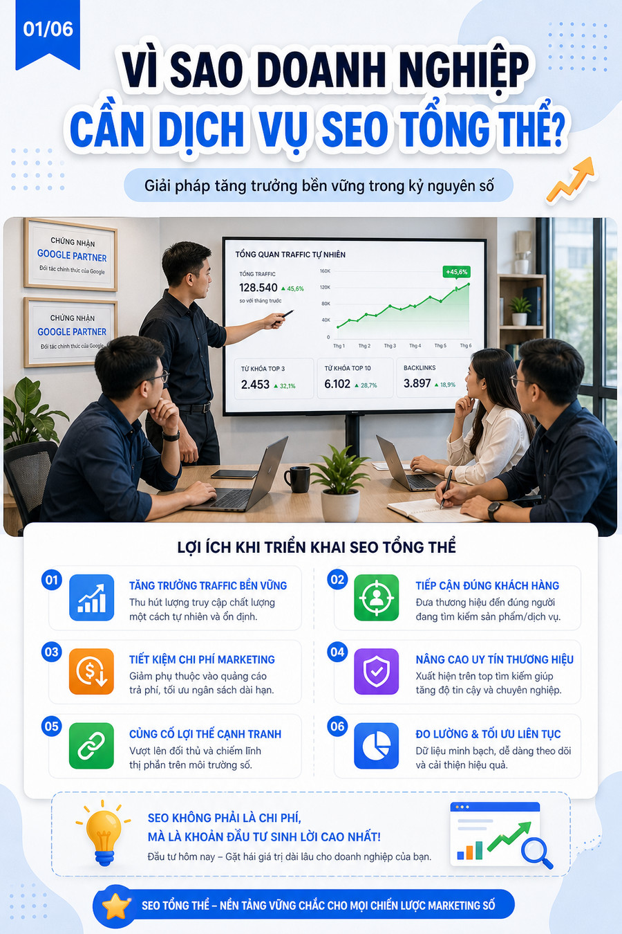 Team SEO agency đang phân tích dữ liệu trên màn hình lớn