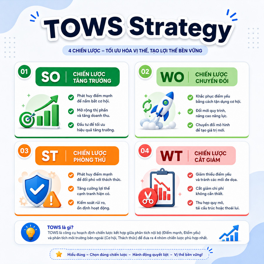Bảng chiến lược TOWS tổng hợp từ ma trận SWOT của agency SEO