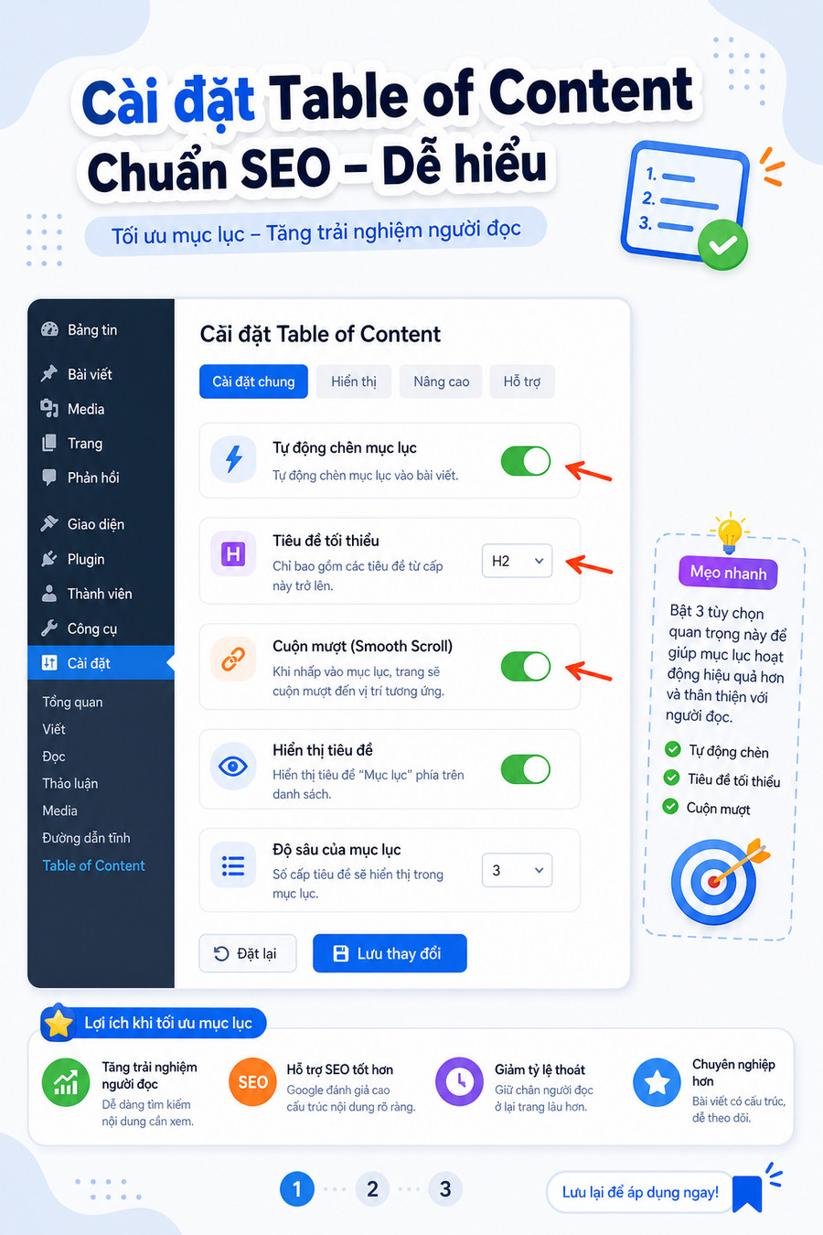 Giao diện cài đặt plugin Easy Table of Contents trong WordPress admin