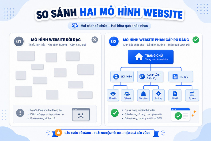 So sánh website có nhiều bài rời rạc và website có cấu trúc topic cluster rõ ràng
