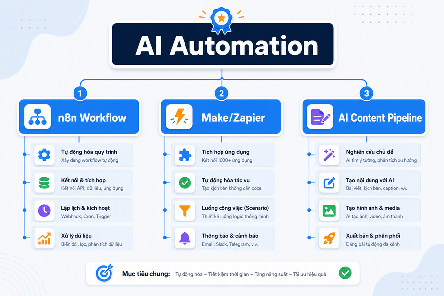 Ví dụ topical map cho chủ đề AI Automation với n8n, Make, Zapier