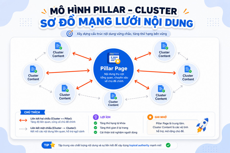 Minh họa cấu trúc internal link giữa pillar page và các cluster content