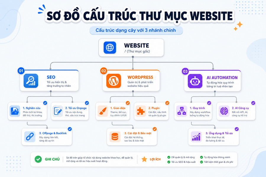 Sơ đồ cấu trúc silo website với 3 silo chính: SEO, WordPress, AI Automation