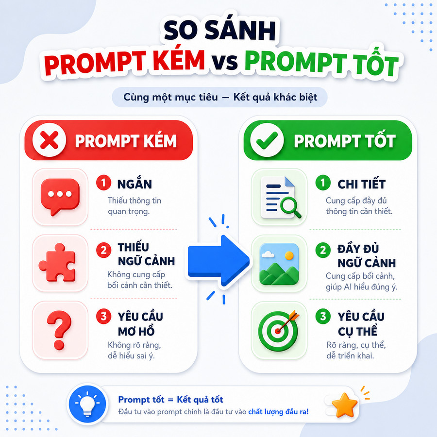 Bảng so sánh chi tiết prompt kém và prompt tốt khi dùng ChatGPT viết content