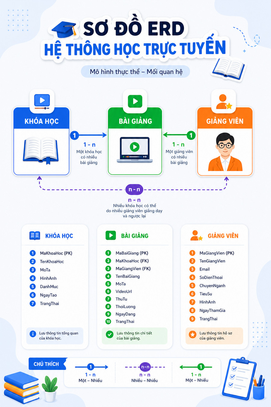 Sơ đồ thiết kế cấu trúc dữ liệu Custom Post Type cho website khóa học