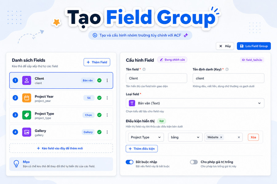 Giao diện tạo field group trong Advanced Custom Fields cho CPT Dự án