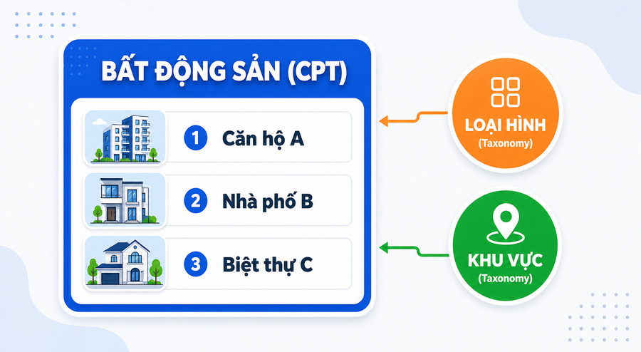 Sơ đồ phân biệt Custom Post Type và Taxonomy trong WordPress