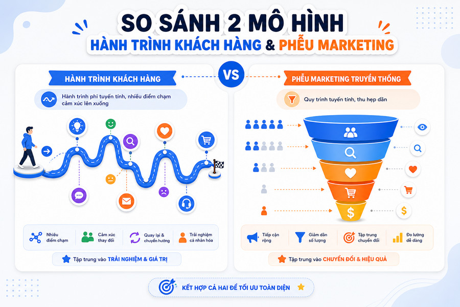 So sánh customer journey và marketing funnel qua sơ đồ minh họa