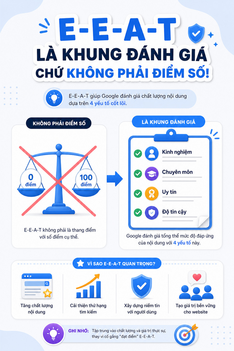 Minh họa E-E-A-T không phải điểm số SEO mà là khung đánh giá chất lượng nội dung
