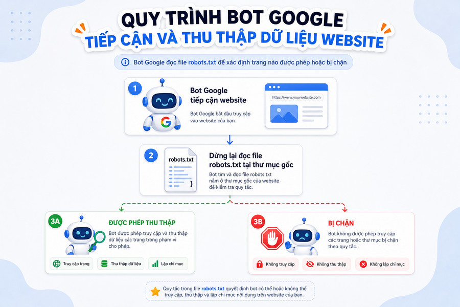 Minh họa bot Google kiểm tra file robots.txt trước khi thu thập dữ liệu website