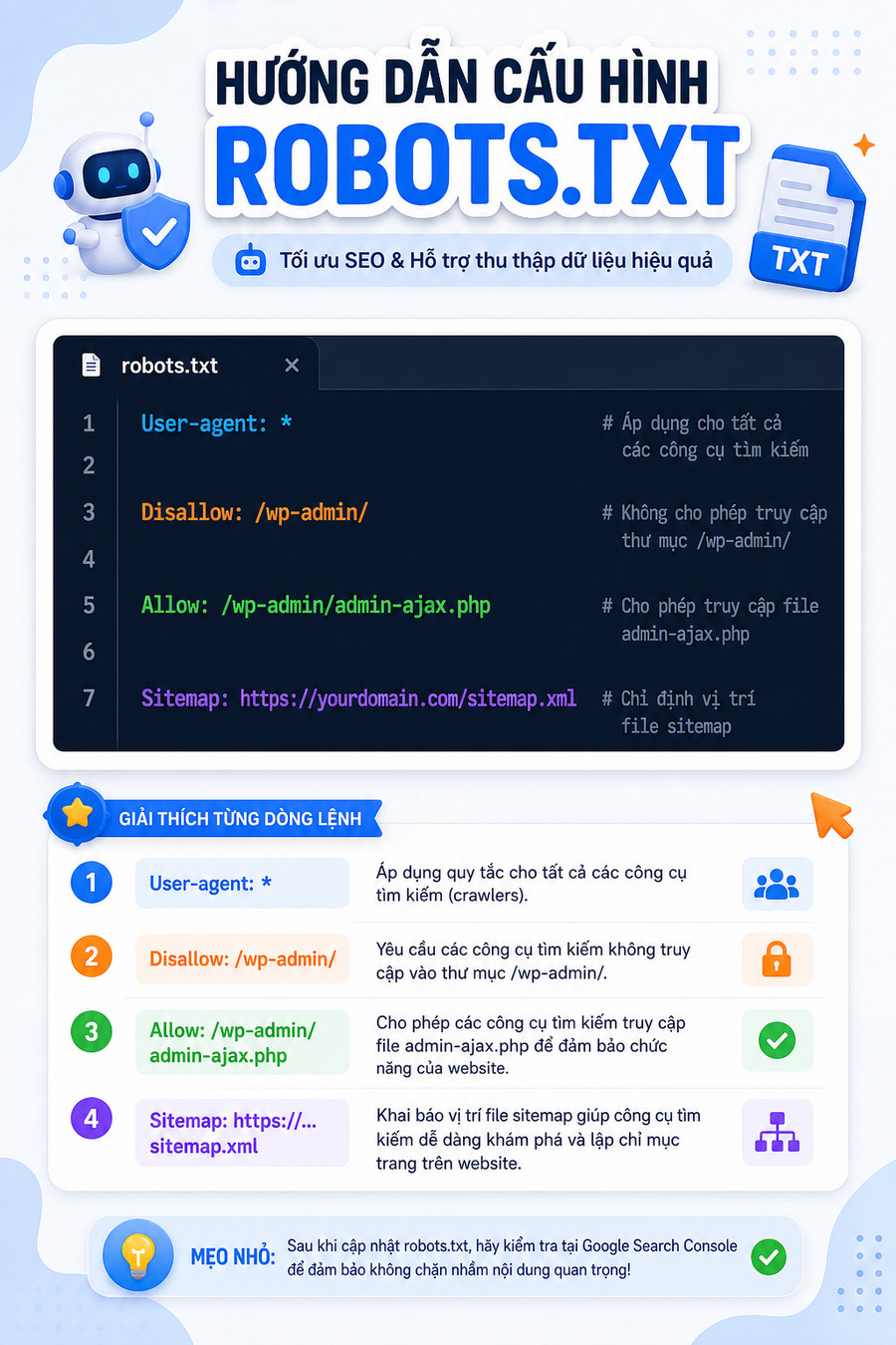 Ví dụ cấu trúc file robots.txt đầy đủ với User-agent, Disallow, Allow và Sitemap