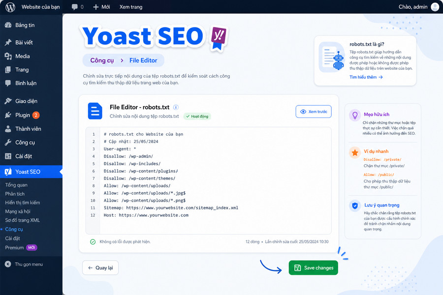 Giao diện plugin Yoast SEO cho phép chỉnh sửa file robots.txt trực tiếp