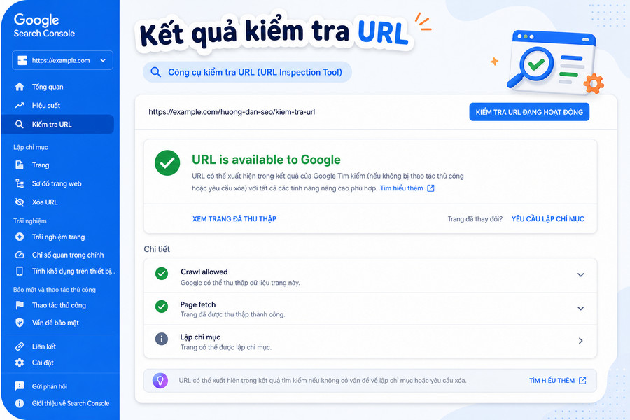 Giao diện công cụ kiểm tra URL trong Google Search Console hiển thị trạng thái robots.txt
