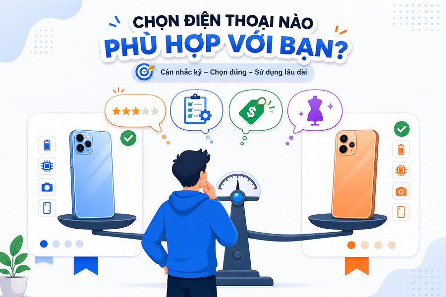 Biểu tượng so sánh với hai sản phẩm trên bàn cân và người dùng đang cân nhắc