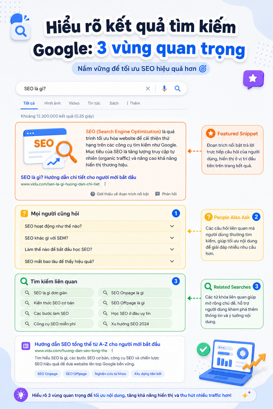 Giao diện Google SERP với các vùng People Also Ask và Related Searches được đánh dấu