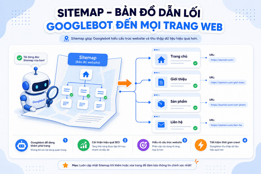 Minh họa cách sitemap giúp Googlebot khám phá URL trên website