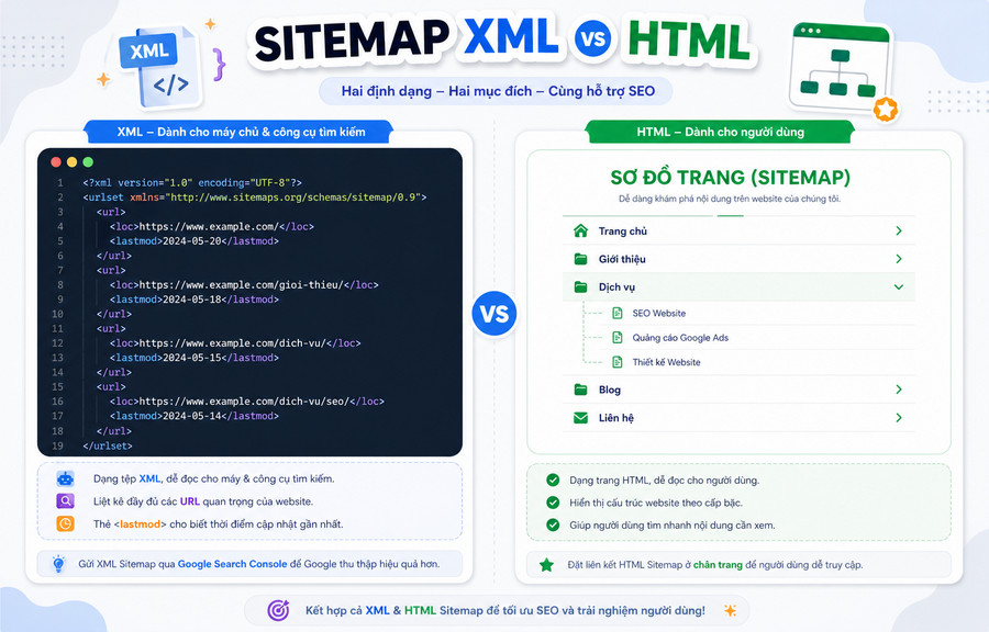 So sánh giao diện XML Sitemap dạng code và HTML Sitemap dạng trang web thân thiện
