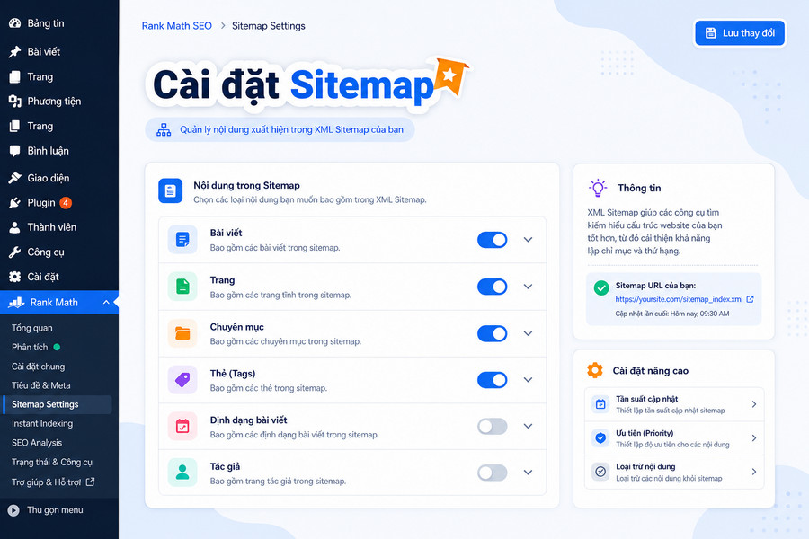 Giao diện cài đặt sitemap trong plugin Rank Math WordPress
