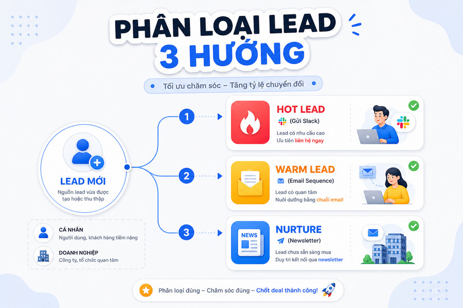 Luồng phân loại lead tự động trong n8n với 3 nhánh xử lý